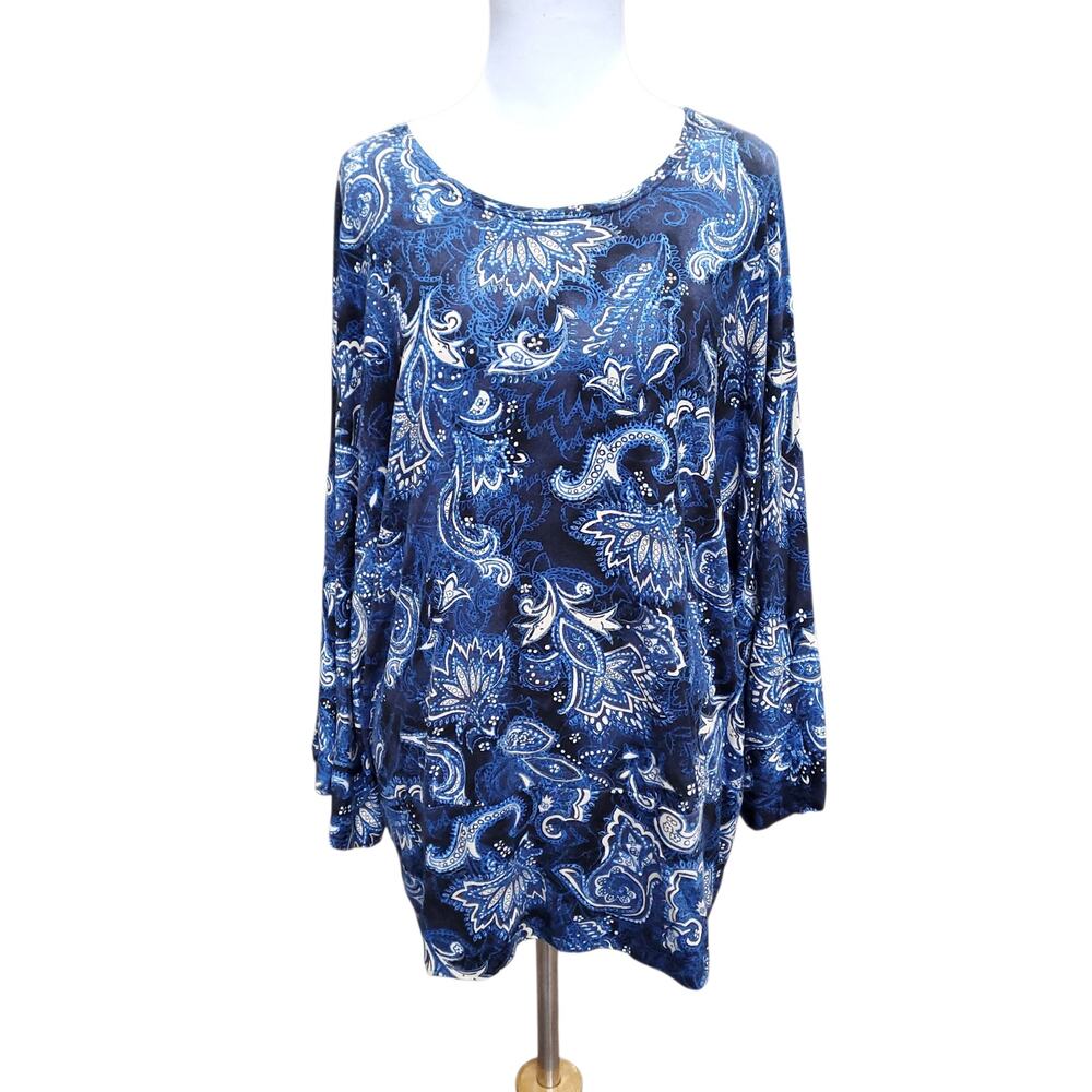 Chico's Sz 3 Blue Paisley Long Sleeve Top Wide Dolman Sleeves Chicos XL 16